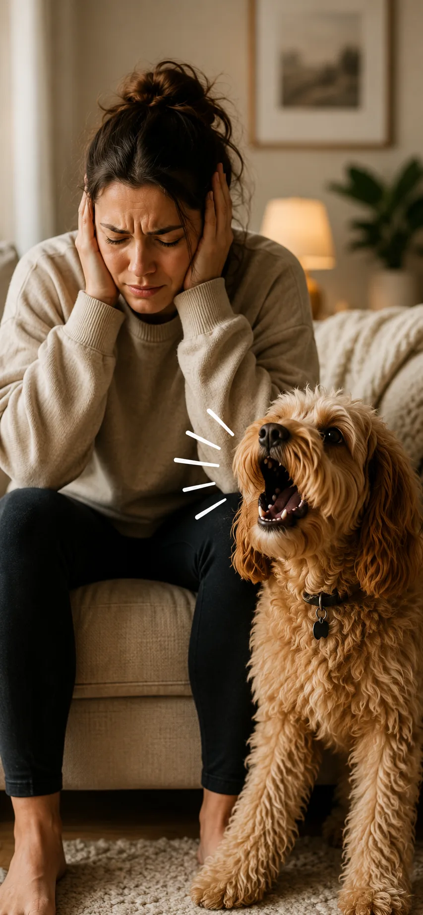 Exhausted dog owner covering her ears while her dog barks